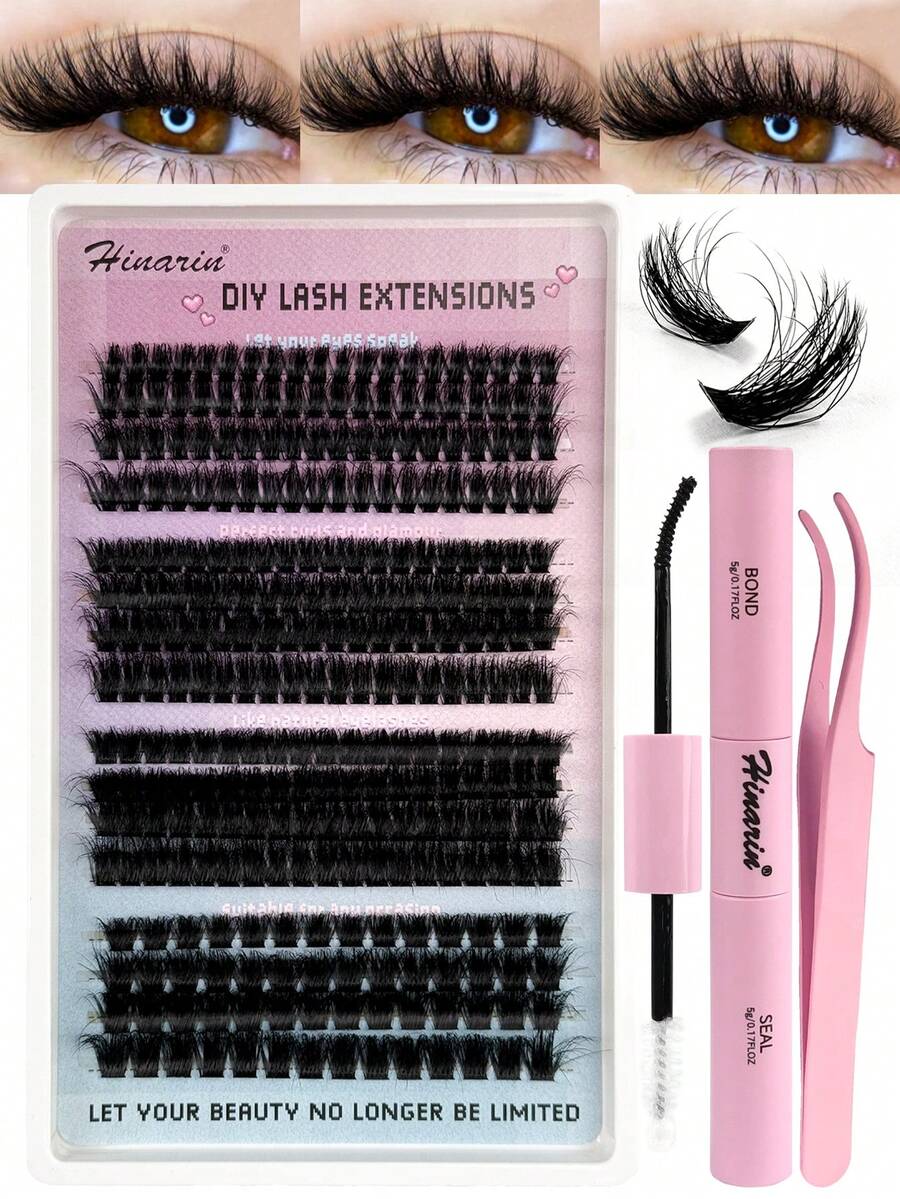 292PCS Fluffy Lash Clusters Kit 60D+80D+100D+120D Clusters Eyelash Extensions 10-16mm DIY Cluster Lashes Wispy With Bond And Seal Lash Glue And Eyelash Extension Tweezers Makeup Essentials Lash Tech Supplies