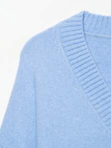 CAREE Women's Autumn/Winter Light Blue V-Neck Dropped Shoulder Long Sleeve Ribbed Hem Loose Short Knit Pullover Sweater - Sky Blue - View 3