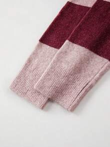 Spring/Autumn Multi-Color Contrast Lapel Long Sleeve Half-Button Cardigan Sweater - Pink and Wine Red - View 8