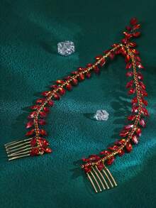1Pc Fashion Rhinestone Bilateral Hair Comb Women Wedding Bridal Tiara Party Holiday Prom Dress Up Accessories - Red - View 3