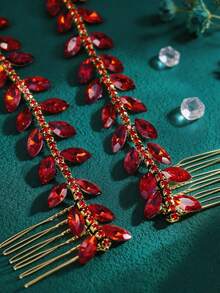 1Pc Fashion Rhinestone Bilateral Hair Comb Women Wedding Bridal Tiara Party Holiday Prom Dress Up Accessories - Red - View 4