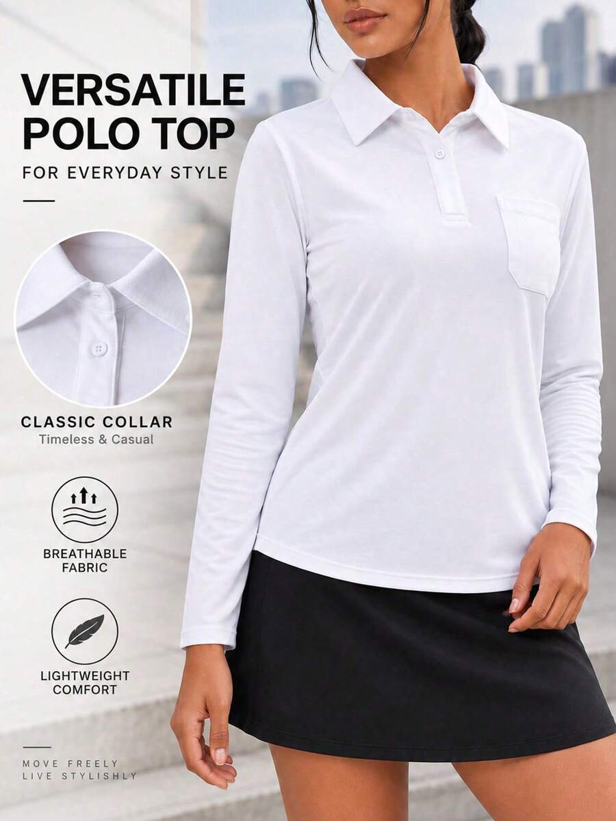 Women's Long Sleeve Polo Shirt Classic Collar Button Front Pocket Casual Top - White - View 1