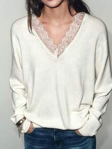 Women's Fashion Elegant Versatile Solid Color Lace Patchwork V-Neck Long Sleeve Casual Sweater - White - View 5