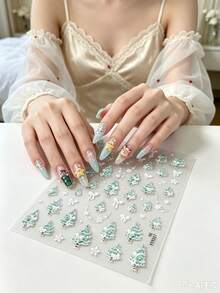 1 Sheet Christmas Tree Nail Stickers, Cute Xmas Tree Bow Snowflake Rhinestone Self-Adhesive Nail Decals, Winter Holiday Nail Art Decorations - Multicolor - View 3