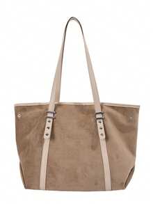 1pc Women's Autumn/Winter New Large Capacity Colorblock Shoulder Tote Bag, Fashion Commuter Bag, Suitable For Office, School, College Classes, Casual Wear - 卡其色 - 查看 7