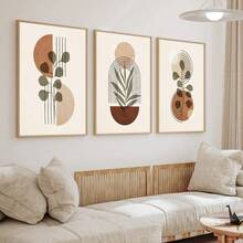 3Pcs Mid Century Modern Canvas Wall Art, Earth Tone Abstract Geometric Botanical Prints, Boho Terracotta Green Plant Poster For Living Room Bedroom, Home Decoration, Posters & Prints, Frameless - 368 - View 9