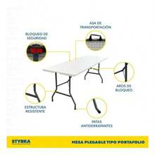Mesa Plegable de Plástico Tipo Portafolio 1.80 m, Mesa Portátil Blanca con Asa para Interior y Exterior, Fiestas, Eventos y Reuniones - Blanco - Ver 3