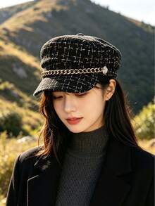 1pc Vintage Tweed Flat Top Women's Beret Hat, Fashionable Hat, Flattering Face Shape, Makes Face Look Smaller, Sun Protection, Retro Elegant Hat, Suitable For Daily Commute, Travel, Spring, Autumn, Winter - Multicolor - View 3