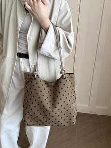 1pc Polka Dot Pattern Large Capacity Corduroy Shoulder Tote Bag, Polka Dot Shopping Bag, Mother's Day Gift, Foldable Suitable For School, Work, Travel, Suitable For Graduates, Teenagers, Students, Multi-Layer Design, Suitable For Beach, School, Work And Daily Use - Brown - View 4