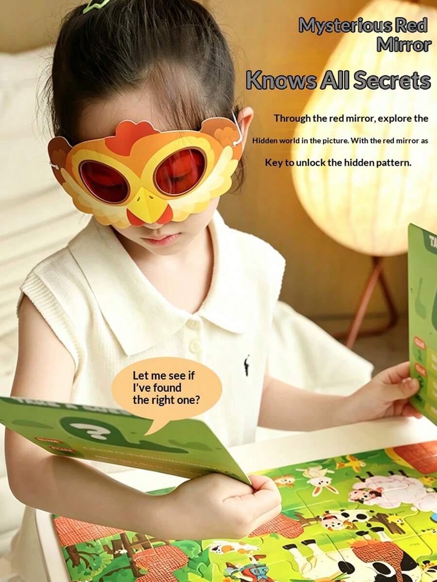 Jelajahi Mainan Puzzle Edukatif Anak, Termasuk Kartu Petunjuk yang Sesuai, Dipasangkan dengan Kacamata Dekripsi Merah, Selesaikan Puzzle untuk Membuka Pola Tersembunyi, Permainan Berburu Harta Karun Misterius 2-in-1, Temukan Rahasia Kecil, Kembangkan Keterampilan Observasi dan Konsentrasi, Cocok untuk Pendidikan Anak Usia Dini 3+ Tahun