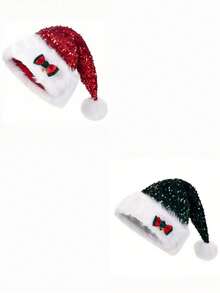 2/1pc New Christmas Hat Red Sequin Bow Plush Decorative Hat, Oversized Thick Long Fur Christmas Hat, Holiday Atmosphere Decoration, High-End Holiday Decor - Multicolor - View 14