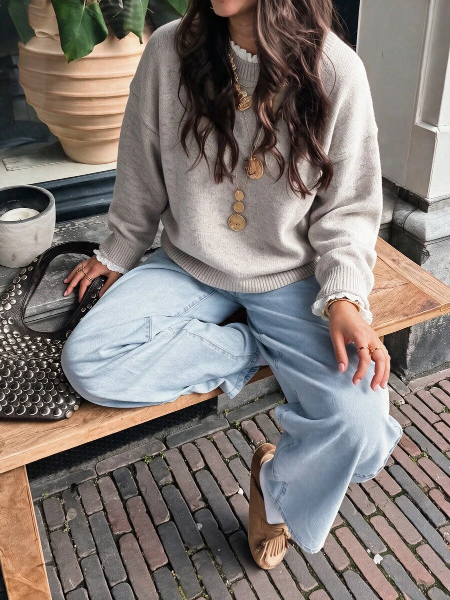 NOVELLE Women Loose Lazy‑Style Oatmeal Pullover Knit Sweater,French Ruffle Casual Top For Autumn Winter,Daily Commute,Date Party,Street Gathering Wear - Camel - View 1