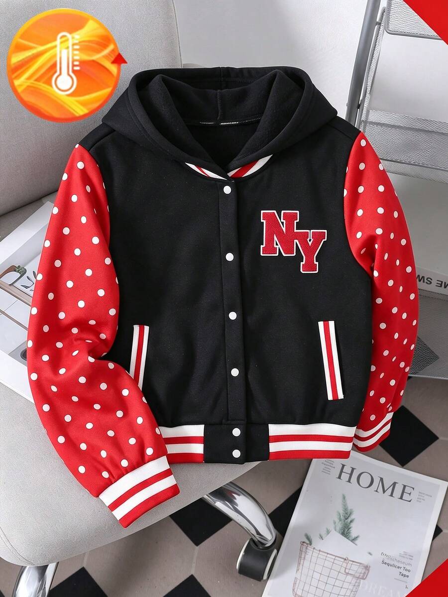 Girls' American Sweet Cool Style Autumn/Winter Hooded Baseball Jacket With Colorblock Polka Dot Patchwork Sleeves And Letter Embroidery - Black - View 1