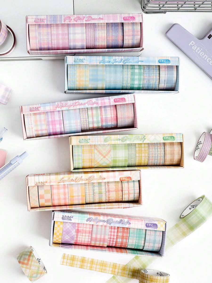 8 Rolls/Box Fresh Plaid Pattern Tape, Designed In Two Materials (Paper And PET) For Vintage-Style Tape,For Scrapbooking, Diaries, And Card Decoration