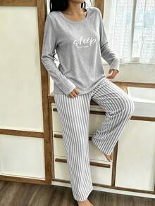 Women's 2 Pieces Pajama Set, Gray Letter Long Sleeve Crew Neck Top And Striped Long Pants, Casual Loungewear Set - Grey - View 4
