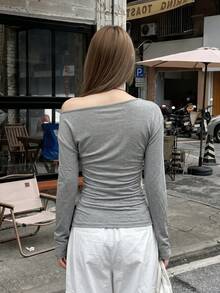 Teen Girl Casual Vibe Asymmetrical Shoulder Rhinestone Pleated Detail Long Sleeve Top, Early Autumn New Arrival, Suitable For Dating, Store Visiting, Casual Outings - Grey - View 3