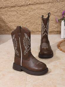Girls' Vintage Playful Brown Side Zipper Western Boots With Wing-Shaped Line Pattern, Suitable For Holiday Outings And Autumn/Winter Outfits - Brown - View 2
