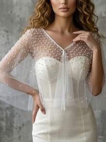 Ethereal Full Pearl Sheer Tulle Top, Short Mesh Overlay, Shrug For Strapless Wedding Gown - Multicolor - View 3