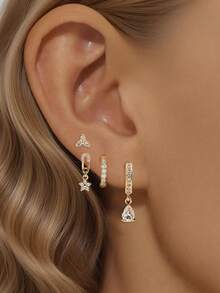 Nooxian 1 Set Sparkling Zirconia Gold Layered Earrings Set, Star & Water Drop Crystal Dangle Earrings, Full Rhinestone Hoop Earrings For Women - Yellow Gold - View 1