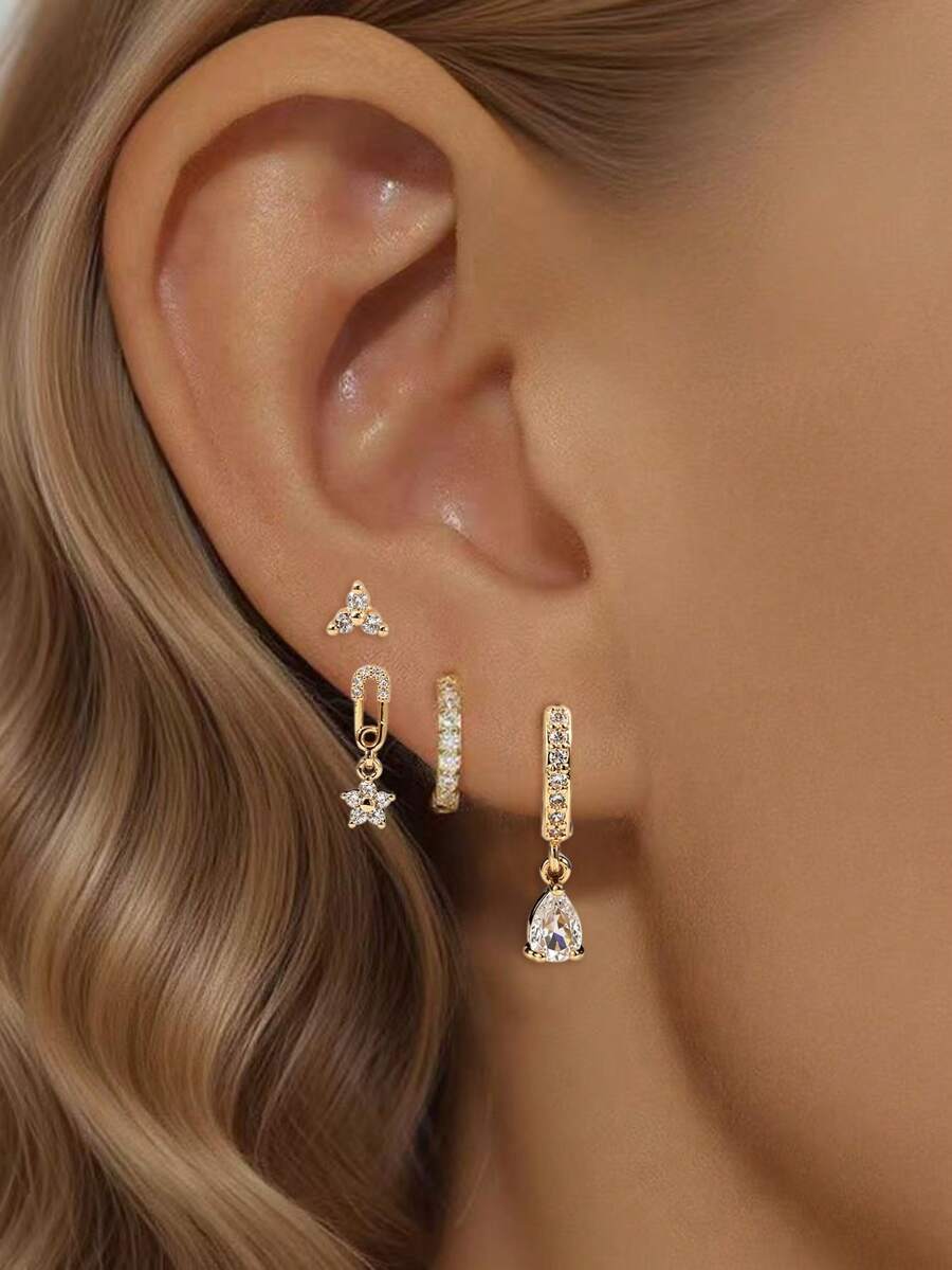 Nooxian 1 Set Sparkling Zirconia Gold Layered Earrings Set, Star & Water Drop Crystal Dangle Earrings, Full Rhinestone Hoop Earrings For Women - Yellow Gold - View 1