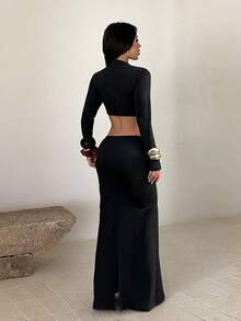 1pc Solid Color Elegant Knit Fabric Dress For Wedding Autumn - Black - View 4