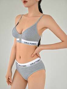 DAZY Front Closure Wireless Letter Print Bra Set For Women - Grey - View 4