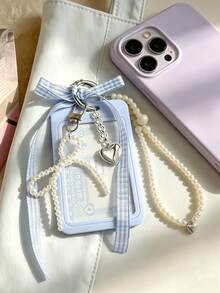 Cute Student Card Holder With Pearl And Bow Decoration; Id Card Case. Work ID Card Protector, With Plaid Bow, Pearl Heart Decoration, Detachable Sliding Card Holder, Fashionable Bag Charm, Exquisite Keychain, Suitable For ID Card, Meal Card, Bus Card, Business Card, Perfect Birthday Gift, Back To School Gift, Halloween And Christmas Gift - Multicolor - View 11