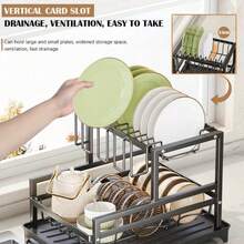 1pc Large Capacity Single-Tier Dish Drying Rack With Compact Utensil Holder And Drainage Spout, Suitable For Kitchen Countertop, Kitchen Storage And Organization Accessory - Black - View 6