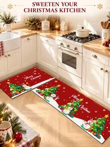 1/2pcs Christmas Kitchen Decor Rugs, Christmas Tree & Snowman Pattern, Winter Kitchen Rugs And Mats, Non-Slip Washable Absorbent Kitchen Accessories Decor Mats, Christmas Holiday Gift! - Multicolor - View 2