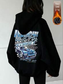 Women's Fleece Hooded Sweatshirt, Blue Racing Print, "50 STREET SUNDAY RACE" Text And Checkered Flag, Back Graphic, Y2K Style, Autumn/Winter - Black - View 2