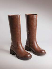 Women's Knee-High Boots, Comfortable Chunky Block Heel Pointed Toe Pull On Side Zipper Suede Slouch Riding Boots - Brown - View 2