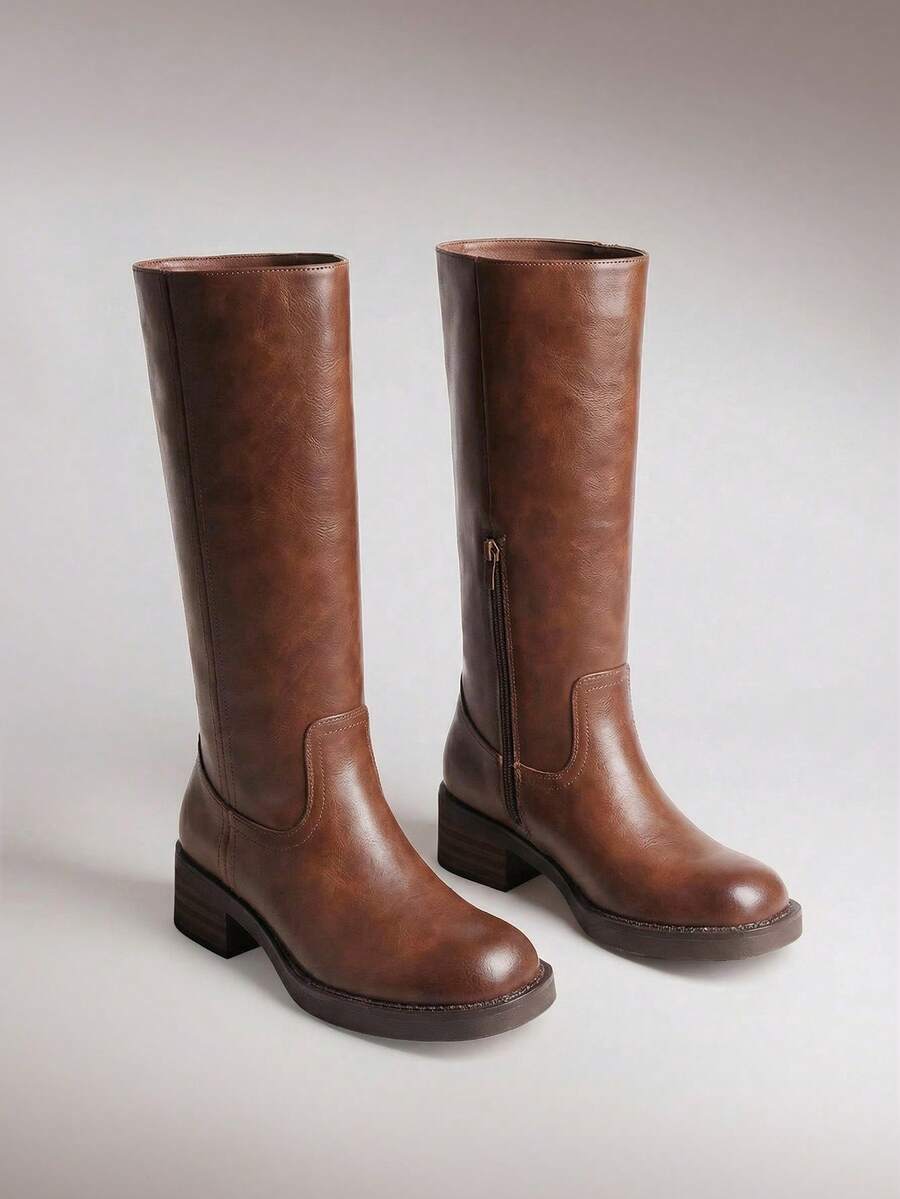 Women's Knee-High Boots, Comfortable Chunky Block Heel Pointed Toe Pull On Side Zipper Suede Slouch Riding Boots