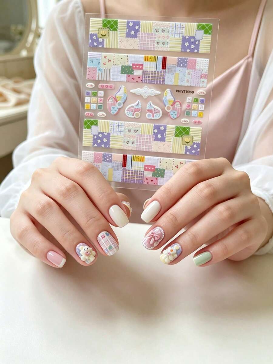 1 Sheet Embossed Patchwork Grid Nail Stickers, Cute Cartoon Plaid Heart Floral Self-Adhesive Nail Decals, Autumn Winter Sweet Nail Art Decorations