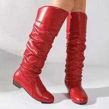 Women's Round Toe Low Heel Slouchy Knee-High Boots, Ruched Design, Vintage Style, Autumn/Winter Daily Wear - Red - View 5