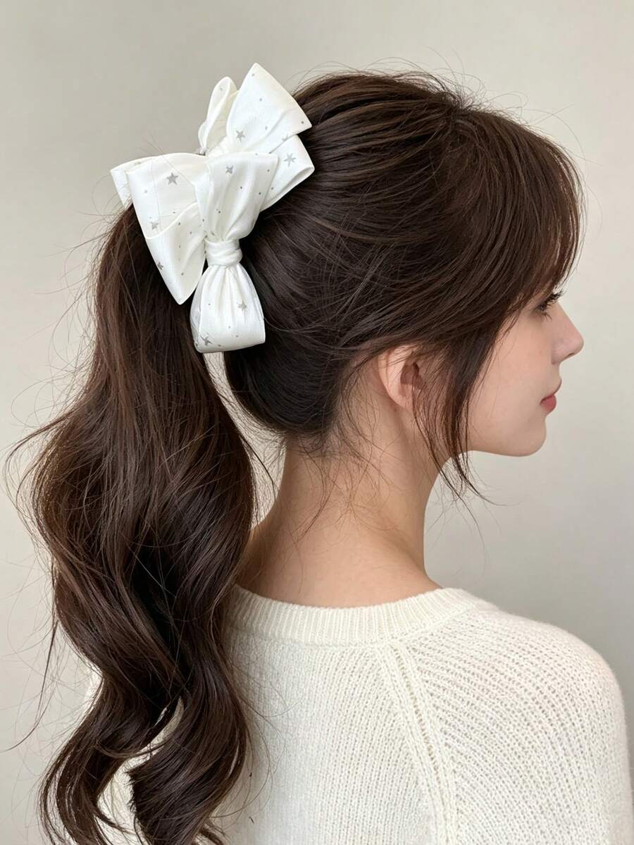 1pc French Style Gentle Multiple Bow Ponytail Clip, Star & Polka Dot Fabric Large Hair Clip, Simple Versatile Hair Accessory For Daily Wear And Outings - White - View 1