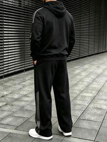Men's Autumn/Winter Thermal Lined Hooded Sweatshirt & Loose Street Casual Sweatpants 2 Pieces Set - Black - View 3