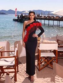 Elegant Black One-Shoulder Long Sleeve Dress, Decorated With Sexy 3D Red Roses And Beaded Tassels, Medium Stretch Knit Fabric, Suitable For Party Wear. - Black - View 8