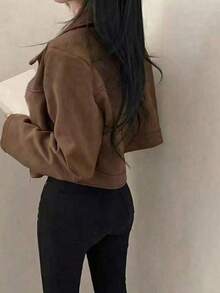 Plus Size Women's Spring/Autumn Solid Color Faux Suede Lapel Zipper Jacket, Long Sleeve Casual College Airport Style Autumn Outfit - Brown - View 3