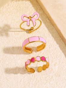 3pcs Stainless Steel Pink Fashion Elegant Versatile Geometric Bow Heart Bamboo Joint Rings Set Suitable For Women Daily And Holiday Wear - Multicolor - View 6