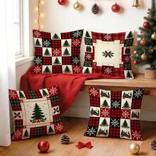 4pcs/1pc Christmas Patchwork Plaid Pattern Pillow Case, Single-Sided Printed Pillow Case, Suitable For Living Room Bedroom Home Decor, All-Season Pillow Case - Multicolor - View 10