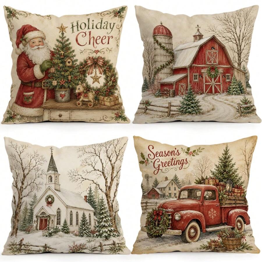 4pcs/1pc Vintage Country Santa Claus Red Truck Pattern Pillowcase, Single-Sided Printed Pillowcase, Suitable For Living Room Bedroom Home Decor, All-Season Pillowcase - Multicolor - View 1