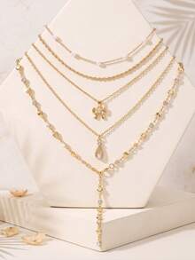 5pcs Vintage Ocean Style Pearl Personalized Fashion Heart Collarbone Butterfly Pendant Multi-Layer Stackable Necklace - Gold - View 1