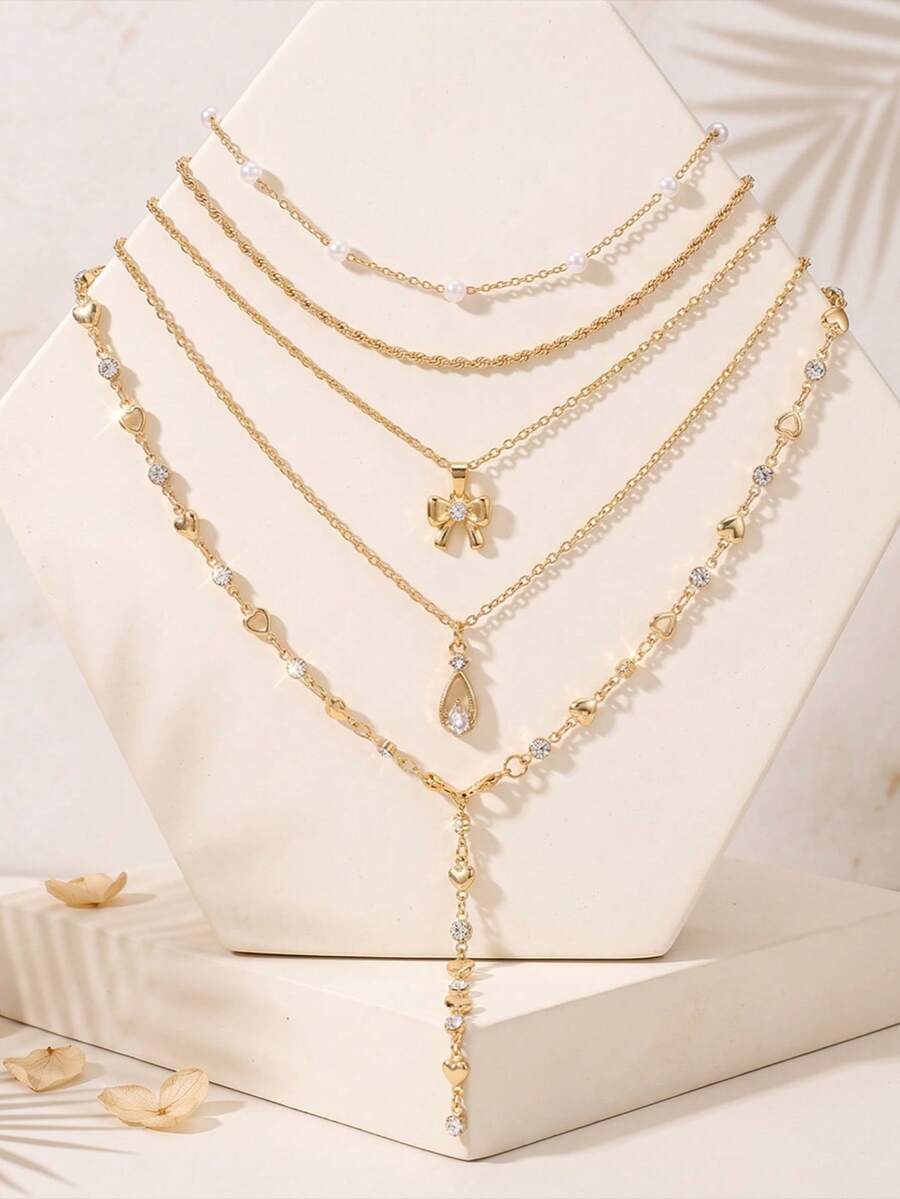 5pcs Vintage Ocean Style Pearl Personalized Fashion Heart Collarbone Butterfly Pendant Multi-Layer Stackable Necklace - Gold - View 1