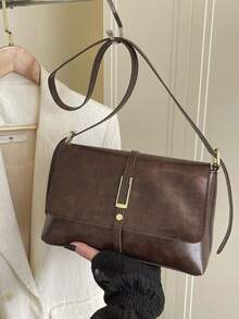 Fashion Casual Solid Color Square Flap Bag, No Pendant, Suitable For College Students/Women - Coffee Brown - View 3
