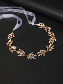1pc Elegant Gold Leaf Rhinestone Bridal Headband Fairy Style Ribbon Tie Hair Accessory For Wedding Party - Gold - View 6