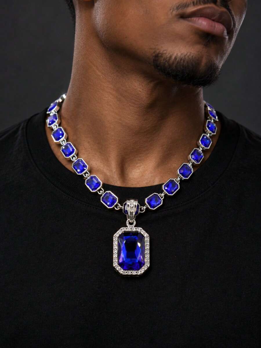 European And American Hip-Hop Style Square Colorful Gemstone Pendant Necklace, Multi-Color Options Red / Blue / Green Large Gemstone With Rhinestone Chain, Street Rap Accessory - Pendant Necklace - View 1