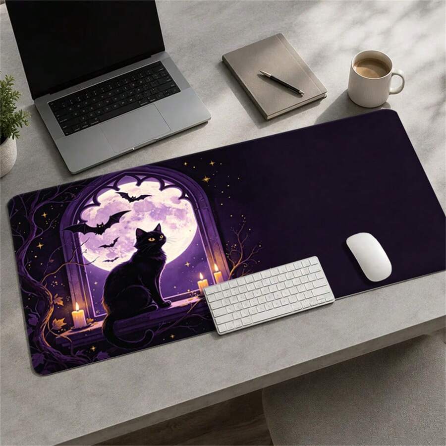 Halloween Gothic Purple Full Moon Large Rubber Desk Mat, Black Cat Bat Candle Window Pattern Extended Gaming Mouse Pad, Non Slip Rubber Base Table Protector For Laptop Computer, Mystic Witchy Halloween Desktop Decor Gift - View 1