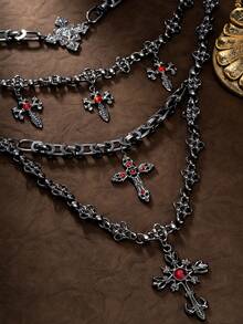 Un collar de cruz negro multicapa vintage, que combina perfectamente la estética gótica medieval con el lujo moderno, con varios colgantes de cruz para un efecto de capas rico e impacto visual fuerte, adecuado para banquetes, fiestas, uso diario y talla grande, un regalo personalizado ideal para la novia o la mejor amiga - Negro - Ver 5