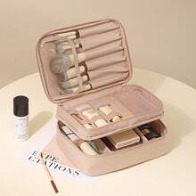 Double Layer Partitioned Makeup Bag, Large Capacity Portable Handheld Cosmetic Bag, Detachable 4-Section Storage, Makeup Brush Slot, Mesh Pocket, Mask Compartment, Travel And Home Skincare And Cosmetic Organizer - Multicolor - View 13