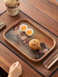 1 قطعة صينية شاي جافة بأسلوب جديد، صينية شاي من الخيزران والزجاج بتصميم منظر طبيعي، صينية طقم شاي فاخرة للاستخدام المنزلي، حامل أكواب الشاي، صينية تخزين طقم الشاي، صينية تخزين متعددة الوظائف، صينية تقديم - متعدد الألوان - مشاهدة 6